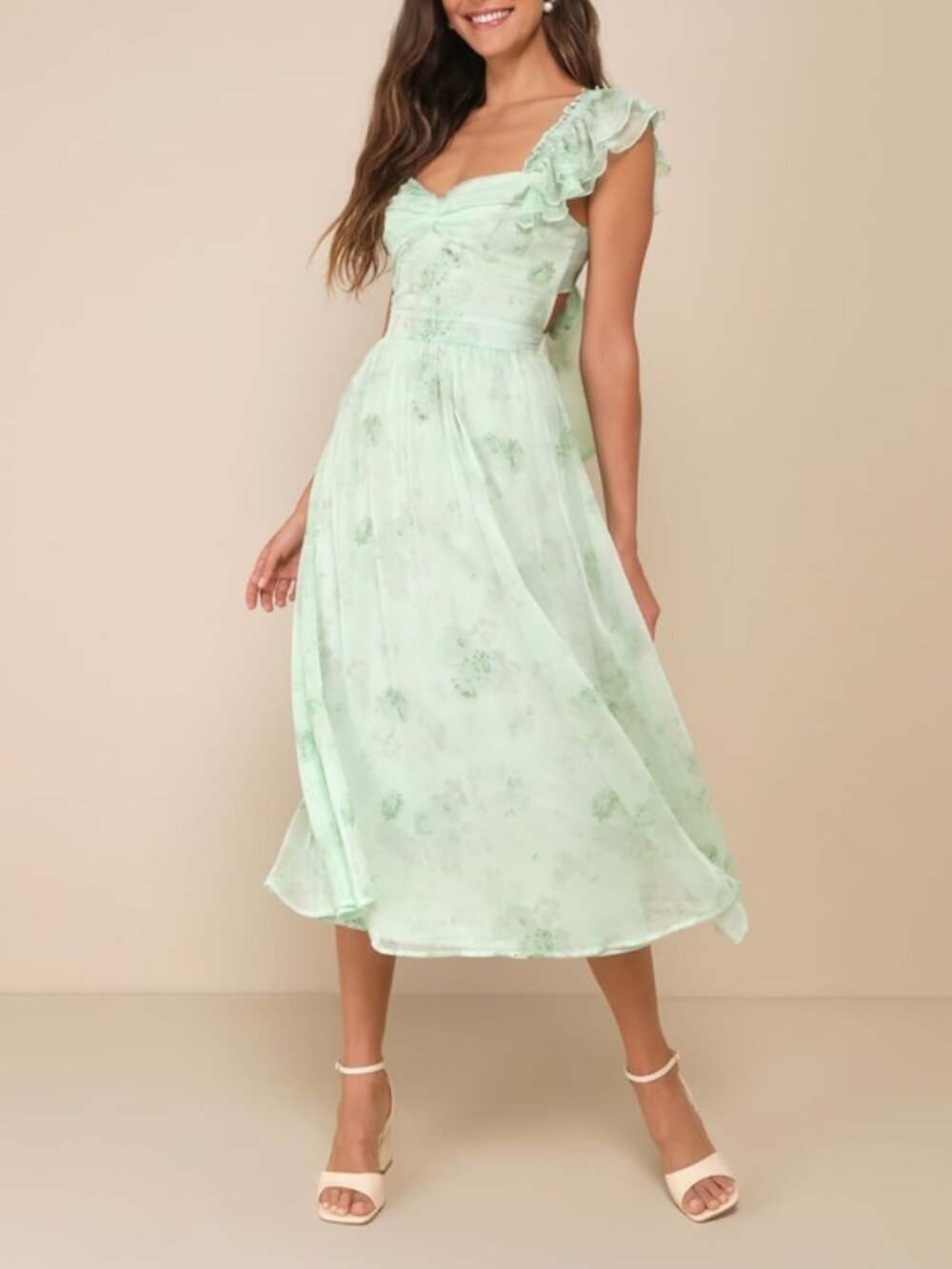 Lulus Loveliest Darling Light Green Floral Ruffled Tie-back Midi Dress - Size S